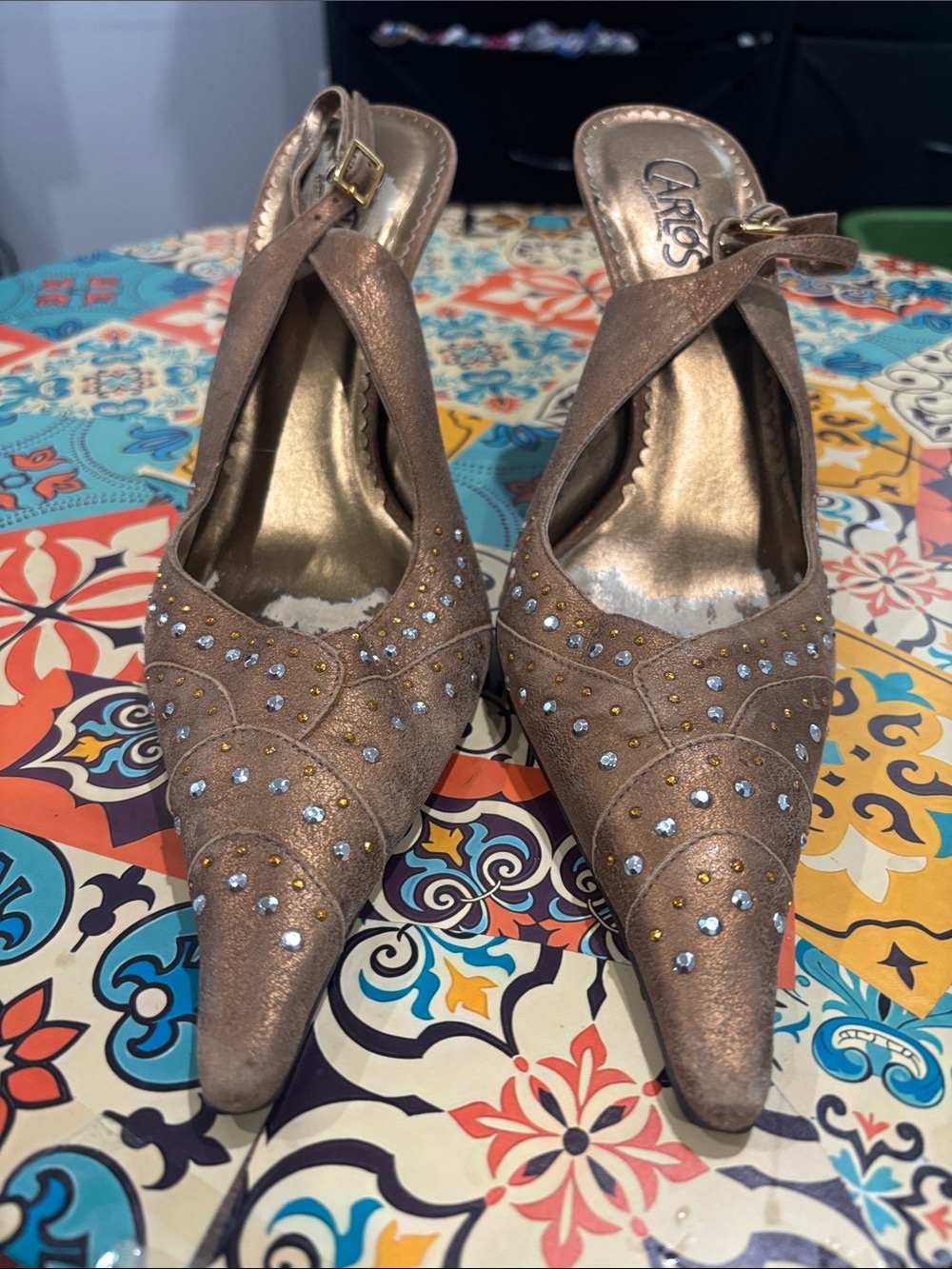 Carlos by Carlos Santana Bronze Crystal-Embellished Pointed Slingback Heels